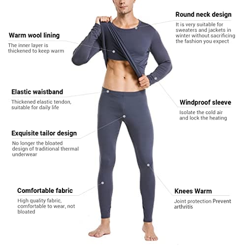 PISIQI Men's Thermal Underwear with Ultra Soft Fleece Lining, Base Layer for Skiing in Warm Winter, Top and Bottom, Dark gray, M — view 2