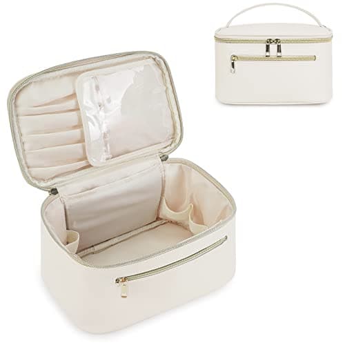Travel Makeup Bag, Large PU Leather Cosmetic Case with Brush Compartment, Milky White