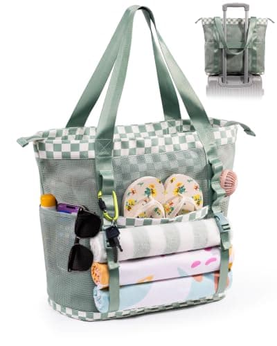 Elmklare 35L large Mesh Beach Tote Bag With Zipper for Women with 6 Pockets