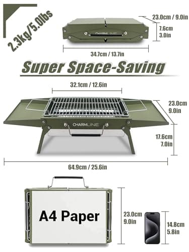 Charmline 34 x 23 cm Portable Charcoal BBQ Grill, Foldable Compact Camping Barbecue for 1–3 People, Ideal for Garden, Beach, Picnic & Tabletop Use, Green — view 4