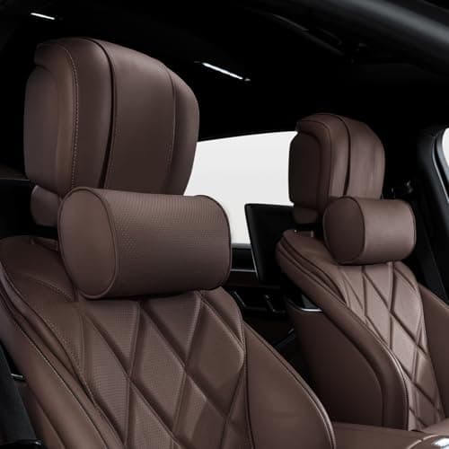 Dapucarin Car Headrest Pillow for Driving - Luxury Leather 100% Memory Foam, Ergonomic Neck Support - Universal Fit Head Rest Travel Pillow for Most Cars, Home & Office, Brown, 2 Pack