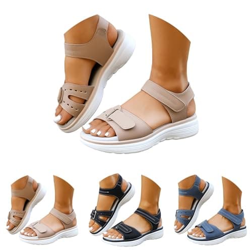 Orthopedic Sandals for Women UK Plantar Fasciitis Comfort Wedge Sandals Open Toe Ankle Strap Sandal Summer Wide Fit Cushion Walking Shoes Ladies Casual Summer Sandal with Arch Support 1-Beige, 6 — view 4