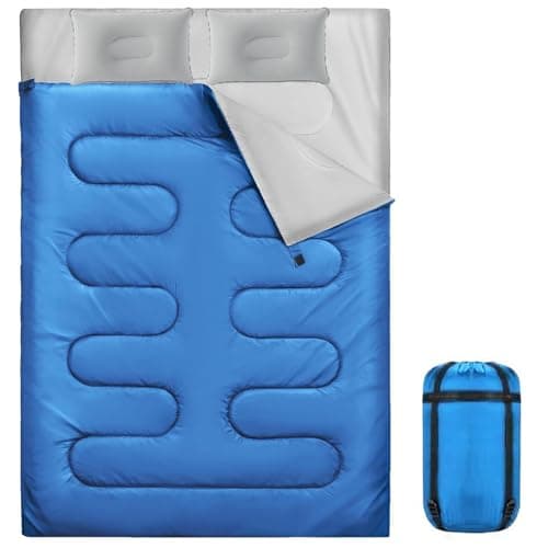 Sleeping Bag, Double Sleeping Bag with 2 Pillows Extra Large 3-4 Season Lightweight, Waterproof Indoor & Outdoor Use for Adults for Hiking, Backpacking and Camping Travel (Blue Double)