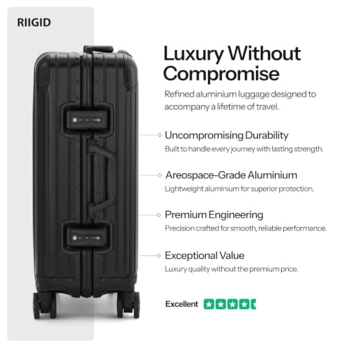 Riigid 20" Black Aluminium Cabin Suitcase, Hard Shell Carry On Luggage with Removable Wheels, Zipperless TSA Lock, 8 Spinner Wheels, Metal Travel Suitcase, Hand Luggage Cabin Bag — view 2
