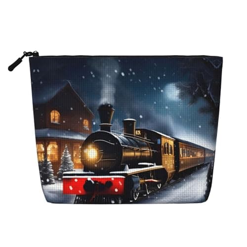 Winter Christmas Snow Night Railway Train Versatile Travel Makeup Bag Travel Pouch with Zipper Accessories Organizer