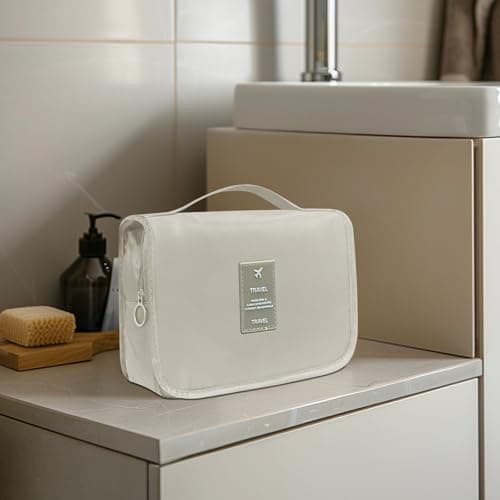 Travel Cosmetic Bag, Hanging Cosmetic Bag for Women, Personal Toiletries Organizer, Travel Bathroom Accessories Organizer with Hooks, Beige — view 6
