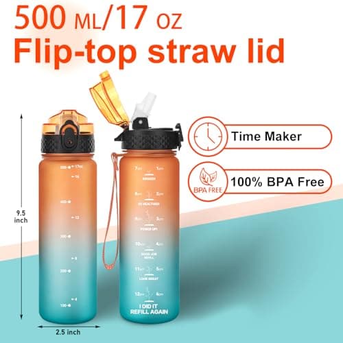 GOPPUS 500ml/17oz Kids Water Bottles with Straw Tritan Childrens Bottle with Flip Top Lid BPA Free Measured Drinks Bottle with Strap Sports Reusable Time Markings Leakproof (Orange Green) — view 5