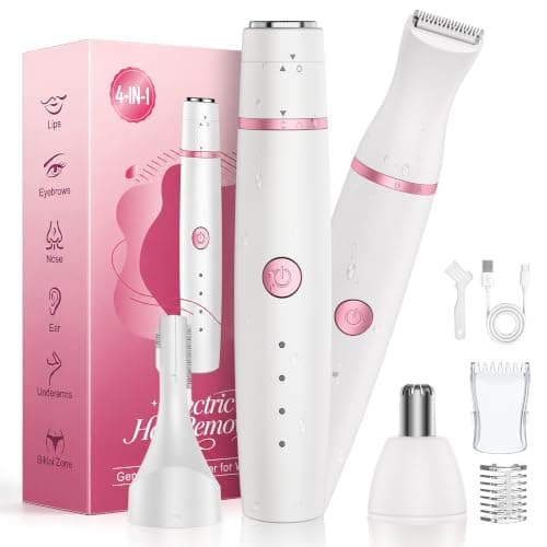 Facial Hair Remover for Women,4-in-1 Bikini Trimmer Women,USB C Mini Lady Shavers with 4-Level Battery Indicator (25%, 50%, 75%, 100%) Eyebrow Razor,Nose Trimmer,for Face Nose/Ear Body,Easy to Clean