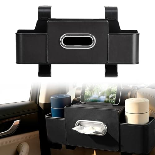 JSCARLIFE 3-in-1 Car Backseat Organizer with Cup Holder & Trash Bin,Multifunctional Seat Storage for Phones,Snacks & Handbags –Tissue Box & Hooks Included (Black)