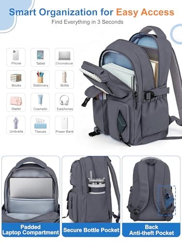 FIORETTO Lightweight School Backpack Womens, Cute School Bag for Teenager Girls, 15.6 Laptop Rucksack Backpack for School Casual Daypacks Travel Backpack for College Dark Grey 25L — view 4