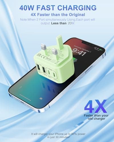 USB C Plug, 40W 4-Port Multi USB Plug UK Fast Charger for iPhone 17 16 15 14 13 12 11 Pro Max Plus XS, iPad, Samsung, Fast Charging Plugs Dual Type C Power Adapter+ QC USB Wall Charger Head — view 3