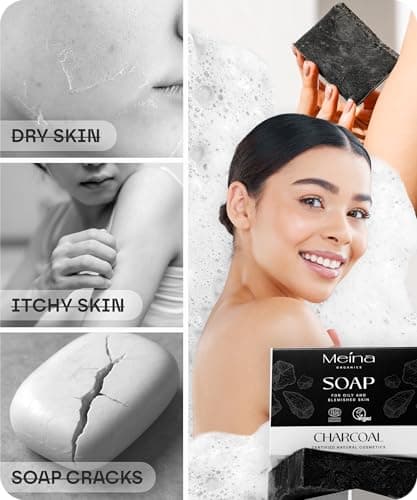 Meina Black Charcoal Soap Bar for Blemish Prone Skin, 100% Natural, Organic Certified, Face and Body, Vegan, Without Palm Oil, Plastic Free, Perfect for Travel and Sport, 100g — view 6