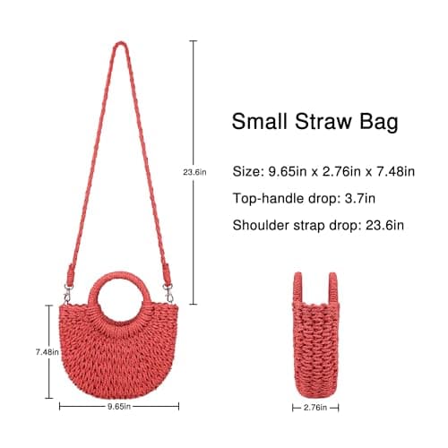 Womens Straw Beach Bag Woven Crossbody Shoulder Bags Top Handle Satchel Handbag Purse for Summer, Red, One Size — view 6