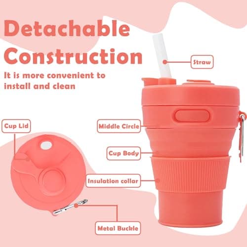MORAINJAY Collapsible Coffee Cup with Lids,15oz/450ml Orange Silicone Portable Reusable Coffee Mug,Foldable Camping Travel Cup Fits in Your Pocket(Collapses to 6cm) — view 3