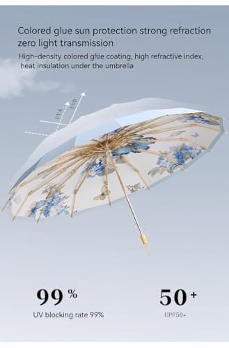 Meichoon Retro Sun Umbrella UPF50+ UV Protection Large 102cm/40in for 2 Person Upgrade Thickened Double-bone Fiberglass 16 Rib Waterproof Wind Resistant Folding Parasol for Women Travel Wood Handle — view 4