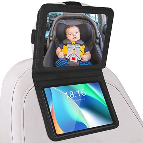 Brislut Baby Car Mirror with Tablet Holder for Reversing Child, Adjustable Rear Mirror and iPad Case for Car Headrest