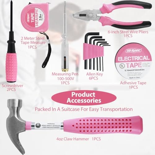 Pink Tool Kit—13Pcs Household DIY Hand Tool Set Multi-Purpose Home Repair Tool Box Include Hammer Allen Key Set Electrical Tape Screwdriver Test Pen Plier Bits (13pcs) — view 2