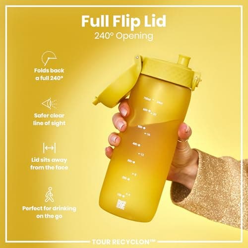 ION8 Sports Water Bottle, 750 ml/24 oz, Leak Proof, Easy to Open, Secure Lock, Dishwasher Safe, BPA Free, Flip Cover, Carry Handle, Soft Touch Contoured Grip, Easy Clean, Odour Free, Yellow — view 4