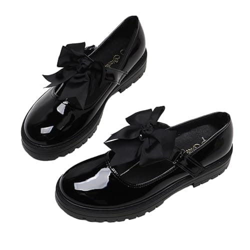 Girls Patent Black Mary Jane with Detachable Bow On Strap - Kids Back to School Comfortable Anti-Slip Flat Shoes (Black Patent, UK Footwear Size System, Big Kid, Women, Numeric, Medium, 3) — view 3
