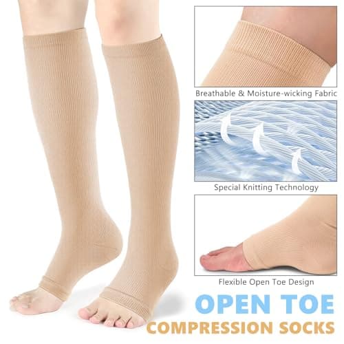 KASLCWA 2 Pairs Toeless Flight Compression Socks for Women, Toeless Compression Stockings, Open Toe Graduated Stockings Support, Support Varicose Veins Sock for Woman Man Running Flying Travel Work — view 3