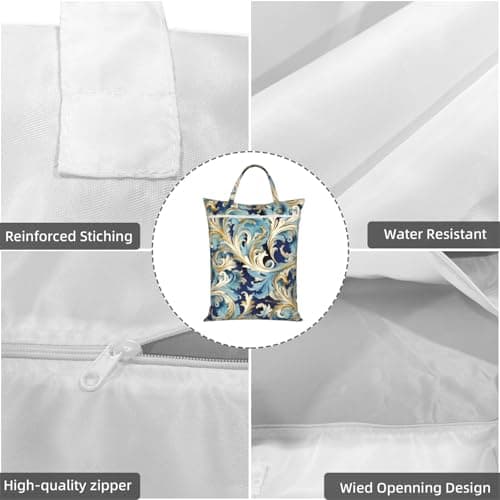 Elegant Blue Gold Florentine Travel Laundry Bag With Handle, 1 Pc Large Waterproof Dirty Clothes Bags With Zipper, Foldable Swimsuit Workout Bag Washable Wet Clothes Storage Organizer For Dorm — view 5