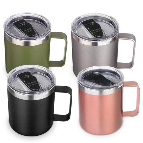 Volhoply 14oz Insulated Stainless Steel Coffee Mug with Lid Bulk 4 Pack,Double Wall Vacuum Travel Coffee Cup with Handle,Reusable Metal Tumbler Cup,Camping Mugs Keep Hot,Christmas Gifts(Mix,4)