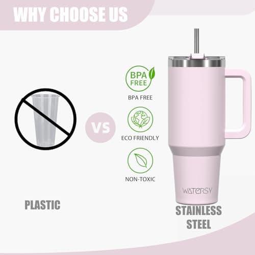 WATERSY Travel Mug Coffee Cup 40oz Tumbler Straw Lid and Handle, Stainless Steel Double Wall Vacuum Insulated Coffee Water Bottle Thermal for Cold Hot Coffee 1182ml Rose Quartz — view 4