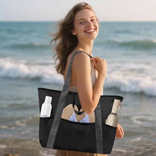 flintronic Large Beach Tote Bag, Waterproof Mesh Beach Bag, Pool Bag with Zip and Pockets for Swimming Pool, Holiday, Travel, Gym, Shopping (Black) — view 2