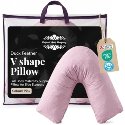 Bedding Direct UK Superior Duck Feather V-Shaped Pillow - Side Sleep Pregnancy Pillow with Polycotton Cover with Pillowcase - Support to Eliminate Neck, Back, Hip, Joint - U Shape Neck Pillow Pink