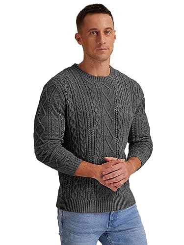 Hisir Men's Cable Knit Jumper, Thick Warm Crew Neck Winter, Dark Grey, XL — view 4