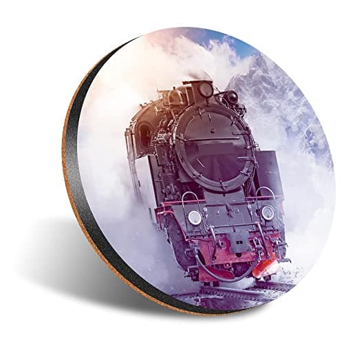 1 x Round Jumbo Size Coaster 12cm Steam Train Snow Winter Cork Backed MDF Glossy Tea Coffee Accessory #53445
