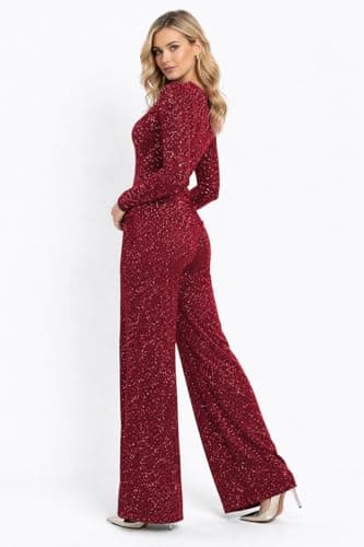 INSAFIANS Women’s Jersey co-ords sets Shiny Glitter 2 piece outfit long sleeve top wide leg Pants loungewear casual wear Tracksuit sets (Maroon 3XL Long) — view 2