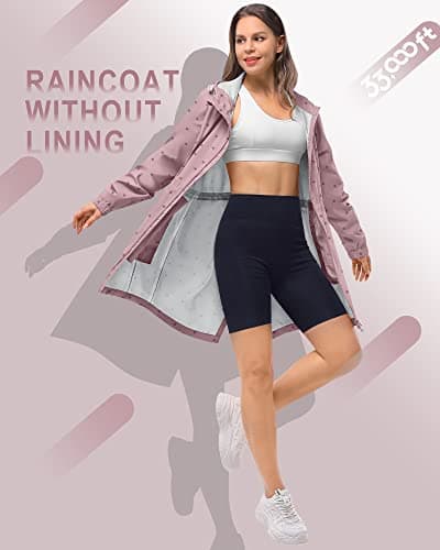 33,000ft Women's Rain Jacket Lightweight Hooded Long Rain Coat Waterproof Jacket Ladies Packable Functional Jacket Windbreaker Breathable Active Outdoor Coats Dotted Pink 3XL/20-22 — view 2