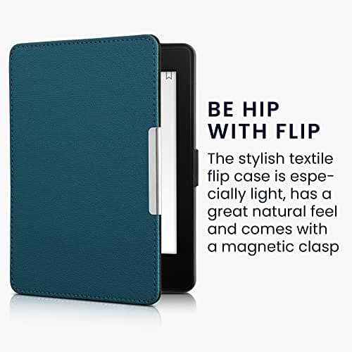 kwmobile Case Compatible with Amazon Kindle Paperwhite - Nylon Protective e-Reader Cover Folio Book Style Case - Petrol — view 3