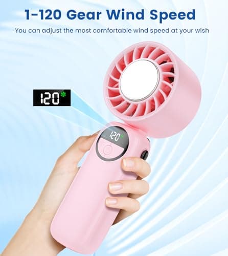Portable Handheld Fan, 4000mAh High Speed Hand Held Turbo Fan (16800RPM) with Ice Cooler,120 Wind Gear, 90°Foldable, Up to 22 Hrs, Rechargeable USB Face Fan for Travel,Outdoor,Home,Office (Pink) — view 5
