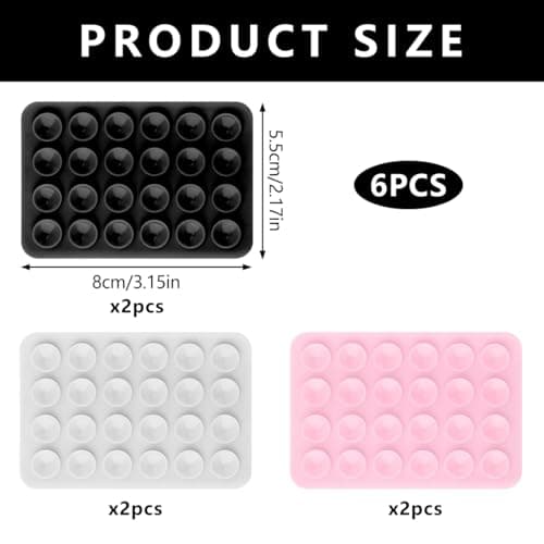 6PCS Double Sided Phone Suction Pad, 24-Suction Grips Silicone Phone Holder, Anti-Slip Hands-Free Sticky Pad for Shower Mirror, Car Dashboard, Wall, Gym, Selfies Videos (Black, White, Pink) — view 2