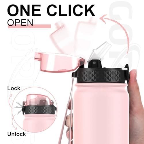 GOPPUS 1L/32oz Stainless Water Bottle with Straw Double Wall Insulated Bottles with Strap Reusable Vacuum Thermal Flask Leakproof Keep Cold Drinks Bottles with Flip Top Lid BPA Free (Pink) — view 2