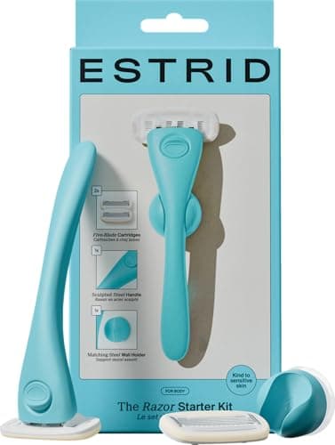 Estrid Razor Starter Set, Women's Razor Set with 5-Blade System, Vegan Moisture Strips, 2 Replacement Small, Wall Mount (Aqua)