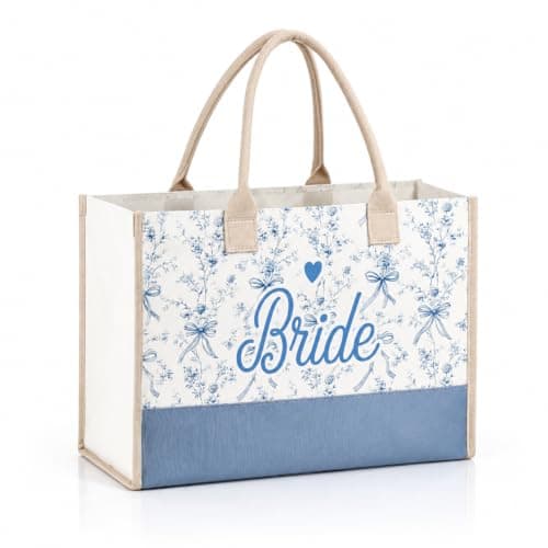 Snowvian Bride Tote Bag, Canvas Tote Bags, Bride to Be Bag for Hen Party Bridal Shower Wedding, Suitable for Travel Beach Holiday Daily Use (White blue)