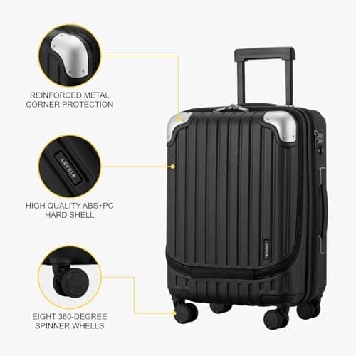 LEVEL8 Lightweight Hard Case Shell ABS+PC Luggage with 4 Spinner Wheels and TSA Lock, 20 Inch Hand Luggage Cabin Suitcase Hardcase Suitcase and Trolley, 55CM, Zwart, 37x24x55.5CM, 36L, Zwart, — view 5