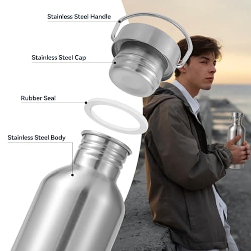 Volhoply 680ml Uninsulated Single Walled Water Bottle, Stainless Steel Reusable Water Bottles with Handle, BPA Free & Plastic Free 18/8 304 Metal Water Bottles for Camping, Hikers, Cyclists — view 5