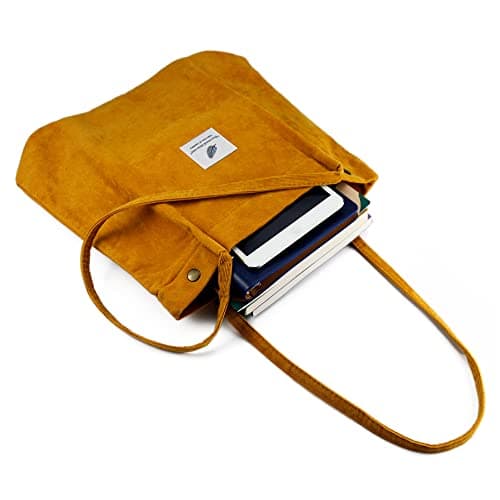 Corduroy Tote Bag Cute Tote Bags for Women Shoulder Bag with Inner Pocket for Work Beach Travel and Shopping Grocery, Green, L, Autumn Leaves Yellow — view 5