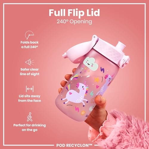 Ion8 Kids Water Bottles, BPA Free, Leakproof, Dishwasher Safe, Easy Open, Secure Lock, Small Boys & Girls Water Bottle,Kids Drinks Bottle for Spill-free Drinking, Pink, Unicorns, 350ml/12oz — view 4