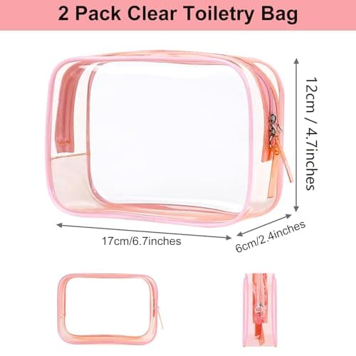 PLULON 2 Pack Travel Toiletry Bag, TSA Approved Toiletry Bag Clear Makeup Bag Quart Size Portable Cosmetic Bags Carry on Travel Accessories Bag for Women Men - Pink — view 2