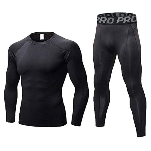LANBAOSI Men's Gym Running Base Layer Top and Leggings Set Long Sleeve Compression Shirt Tights Thermal Underwear Suit, Black Line, M