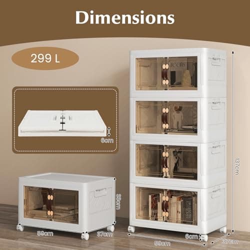 Multigot Folding Shoe Storage Box, 3/4/5 Tier Stackable Shoe Organizer Containers with Lid & Doors and Lockable Wheels, Collapsible Plastic Storage Bins Cabinet (59 x 37 x 137cm, 4-Tier) — view 3
