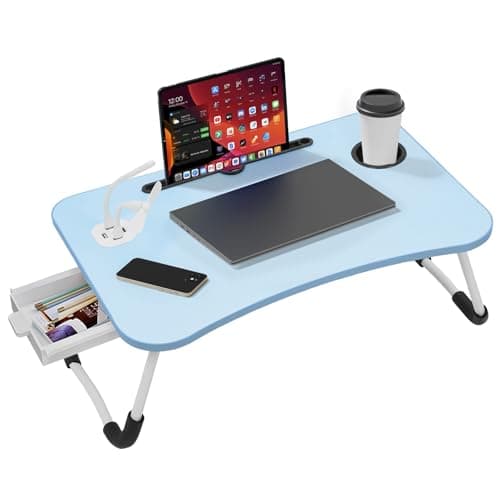 Foldable Laptop Table with USB Ports, Drawer, Cup Holder&Tablet Slot, Blue