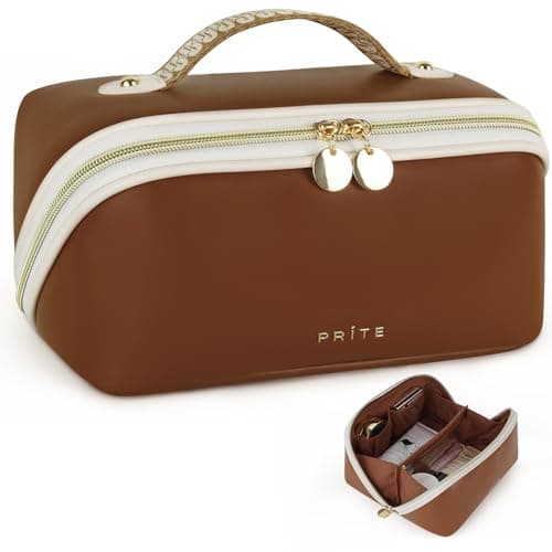 Prite Travel Makeup Bag Flat Lay Cosmetic Case with Brush Pocket, Brown, M