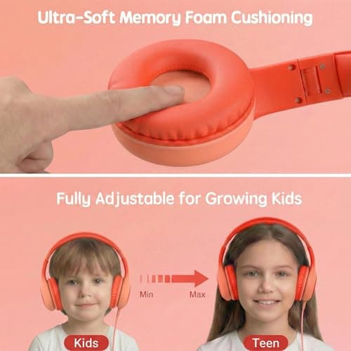 ADOOPE Wired Kids Headphones with USB C Plug, 85dB Safe Volume, Adjustable Headband, Tangle-Free Cord Headphones for School, Tablet, Travel (Coral Red & Soft Peach, Without Microphone) — view 5