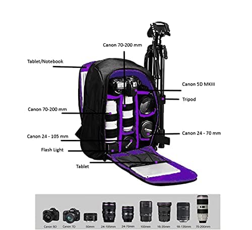 Camera Bag Waterproof Backpack Rucksack Case for Nikon Canon DSLR Lens Tripod UK (Black & Purple) — view 6